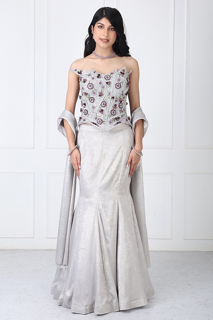 Steel Grey Sandwash & Net Paneled Skirt Set by Isha Regalia at Pernia's Pop Up Shop