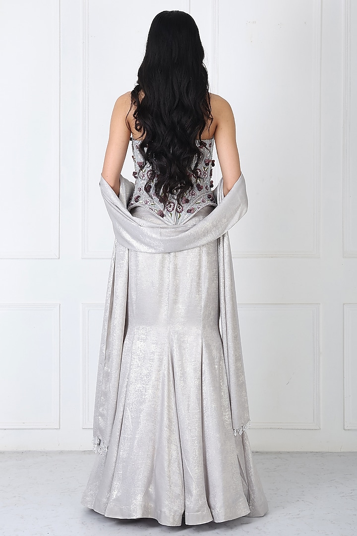 Steel Grey Sandwash & Net Paneled Skirt Set by Isha Regalia at Pernia's Pop Up Shop