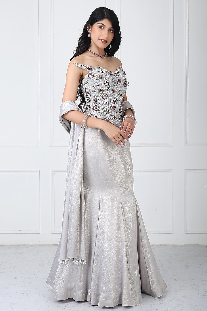 Steel Grey Sandwash & Net Paneled Skirt Set by Isha Regalia at Pernia's Pop Up Shop