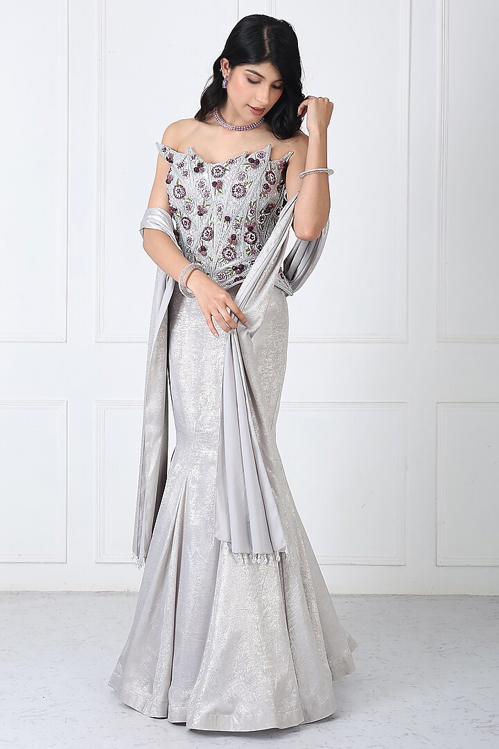 Steel Grey Sandwash & Net Paneled Skirt Set by Isha Regalia at Pernia's Pop Up Shop