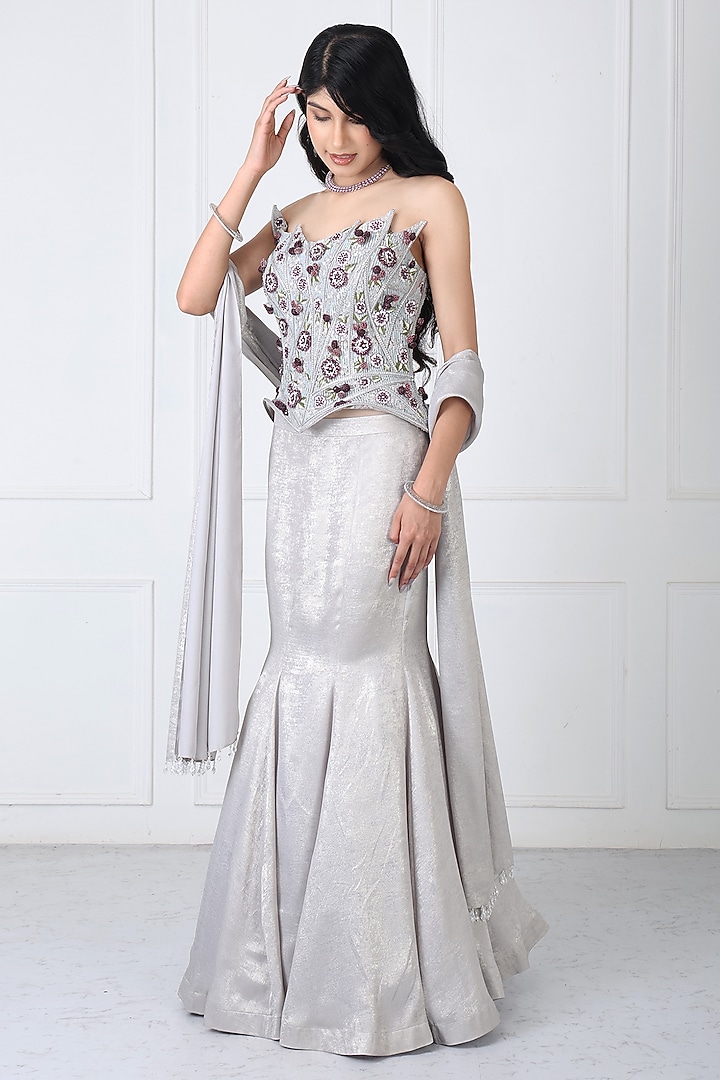 Steel Grey Sandwash & Net Paneled Skirt Set by Isha Regalia at Pernia's Pop Up Shop