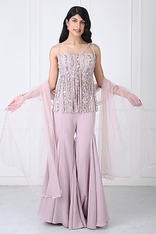 Dusty Pink Georgette & Net Sharara Set by Isha Regalia