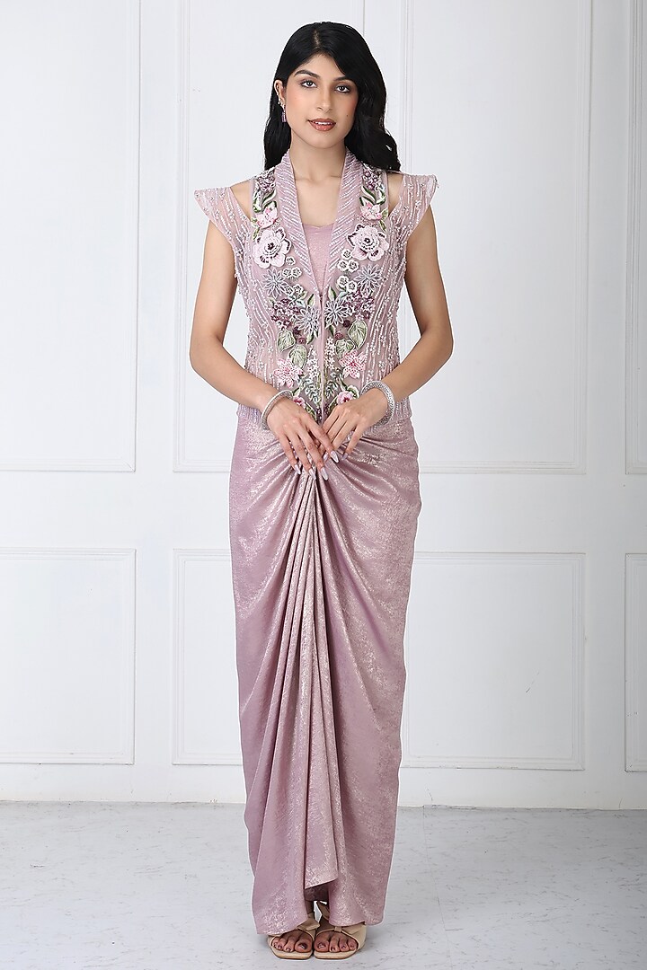 Dusty Mauve Sandwash & Net Draped Skirt Set by Isha Regalia at Pernia's Pop Up Shop