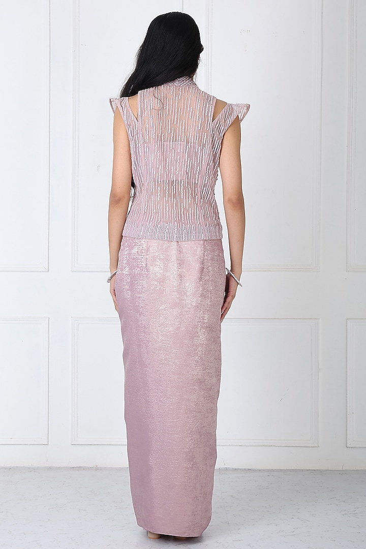 Dusty Mauve Sandwash & Net Draped Skirt Set by Isha Regalia at Pernia's Pop Up Shop