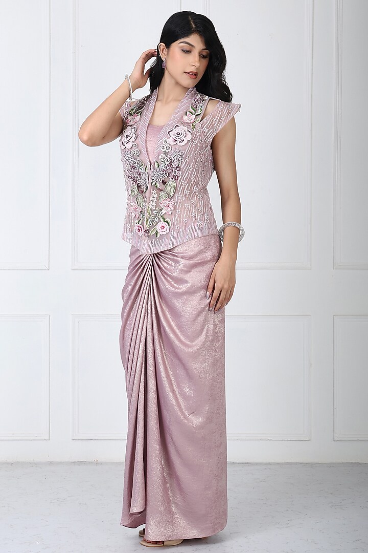 Dusty Mauve Sandwash & Net Draped Skirt Set by Isha Regalia at Pernia's Pop Up Shop