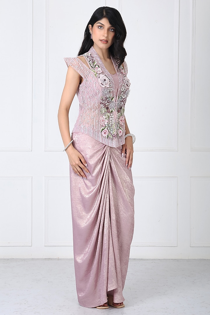 Dusty Mauve Sandwash & Net Draped Skirt Set by Isha Regalia at Pernia's Pop Up Shop