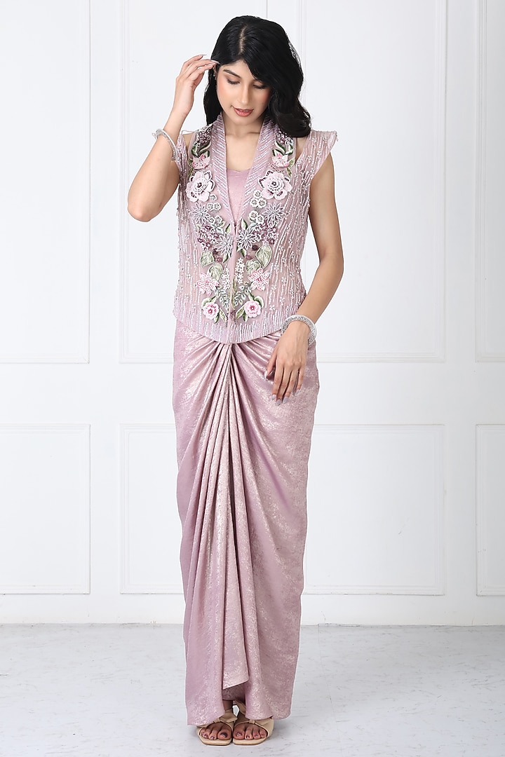 Dusty Mauve Sandwash & Net Draped Skirt Set by Isha Regalia at Pernia's Pop Up Shop
