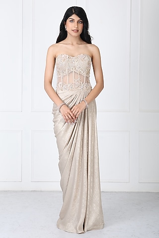 Golden Sandwash & Net Embroidered Gown by Isha Regalia