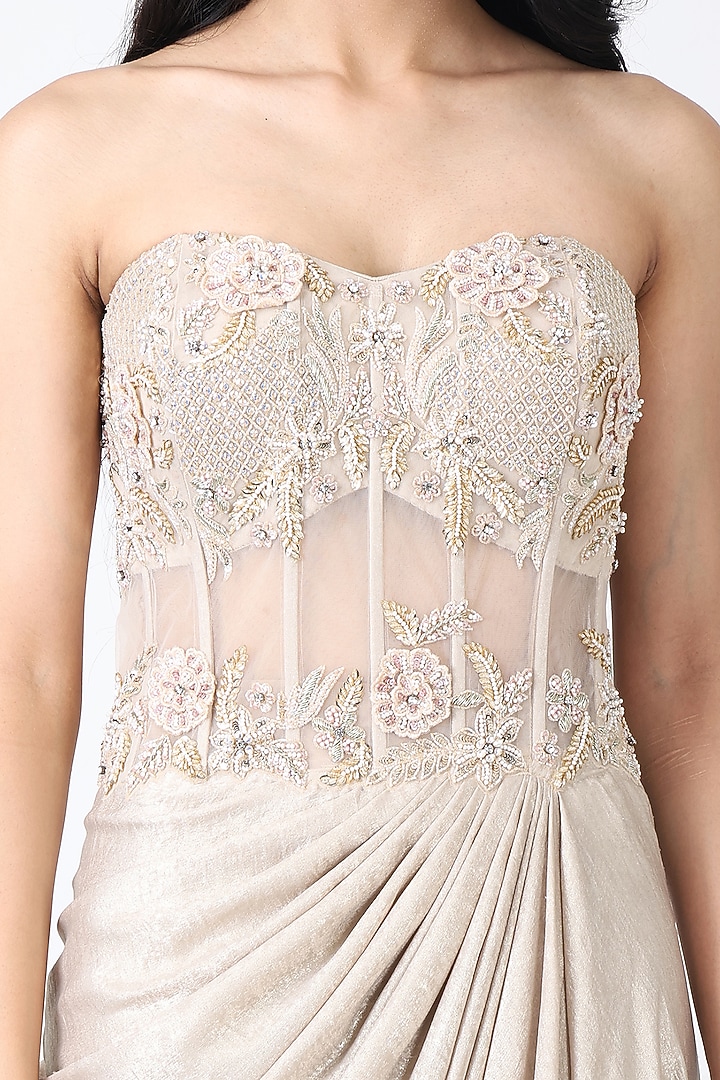 Golden Sandwash & Net Embroidered Engagement Gown by Isha Regalia at Pernia's Pop Up Shop