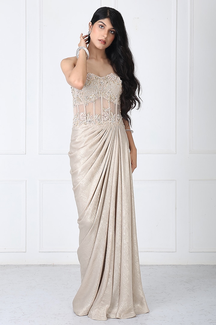 Golden Sandwash & Net Embroidered Engagement Gown by Isha Regalia at Pernia's Pop Up Shop