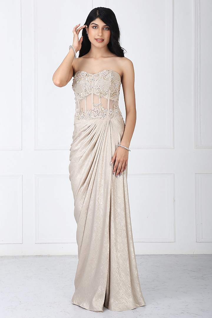Golden Sandwash & Net Embroidered Engagement Gown by Isha Regalia at Pernia's Pop Up Shop