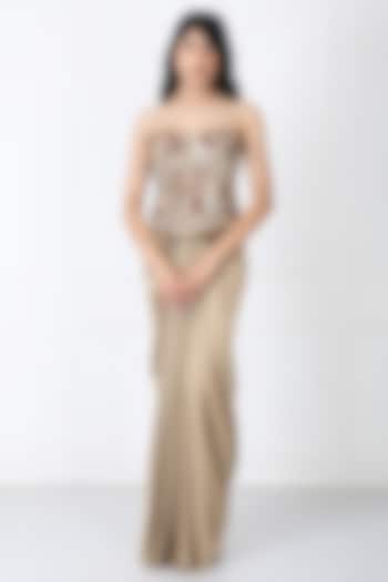 Golden Brown Satin Net Draped Skirt Set by Isha Regalia at Pernia's Pop Up Shop