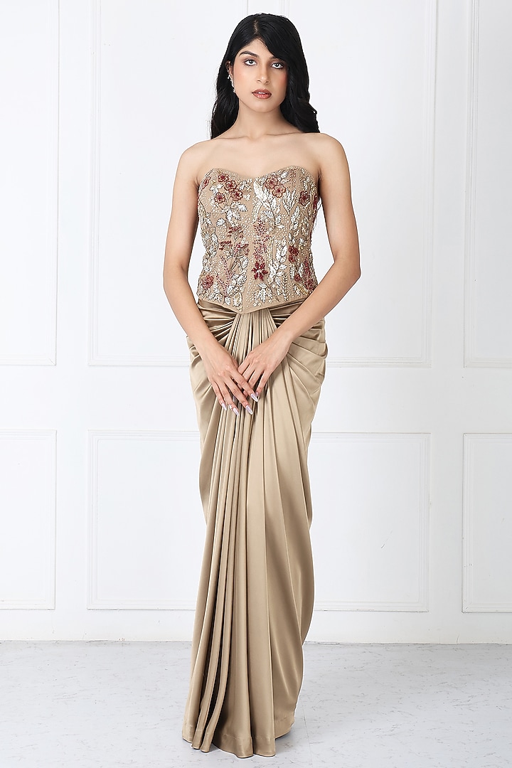 Golden Brown Satin Net Draped Skirt Set by Isha Regalia at Pernia's Pop Up Shop