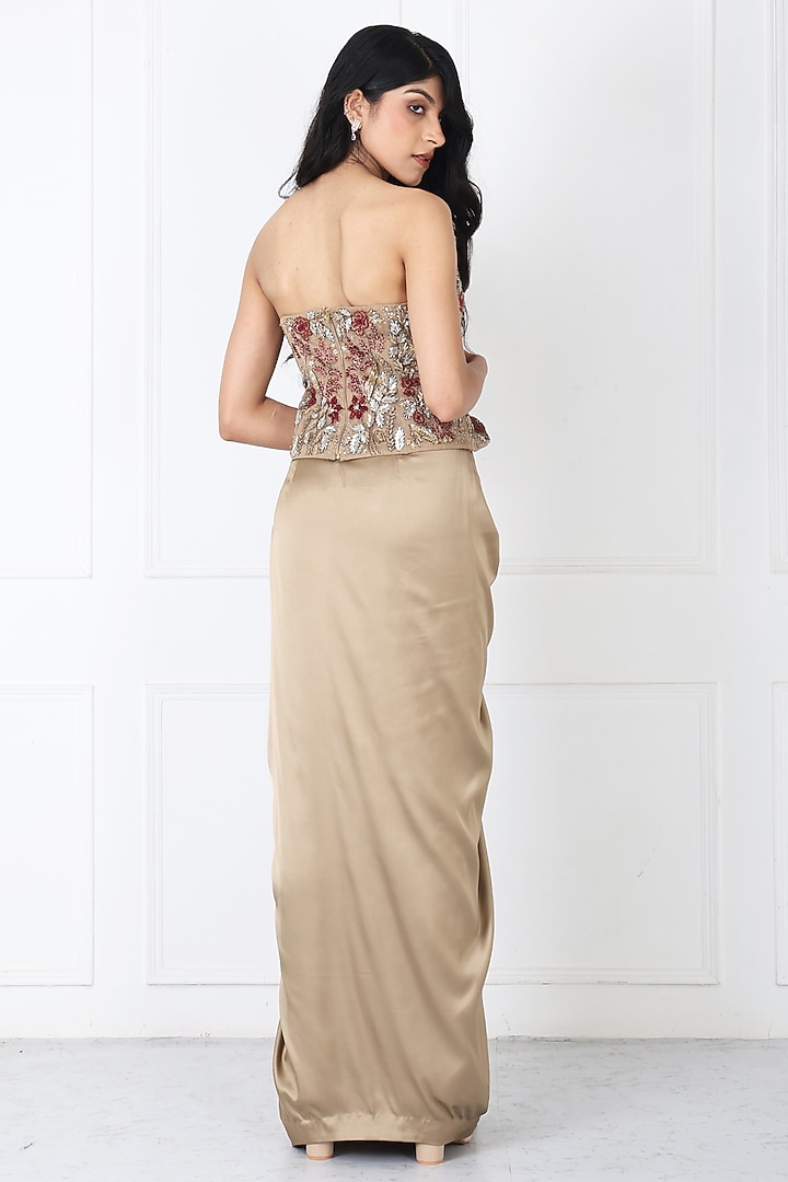Golden Brown Satin Net Draped Skirt Set by Isha Regalia at Pernia's Pop Up Shop