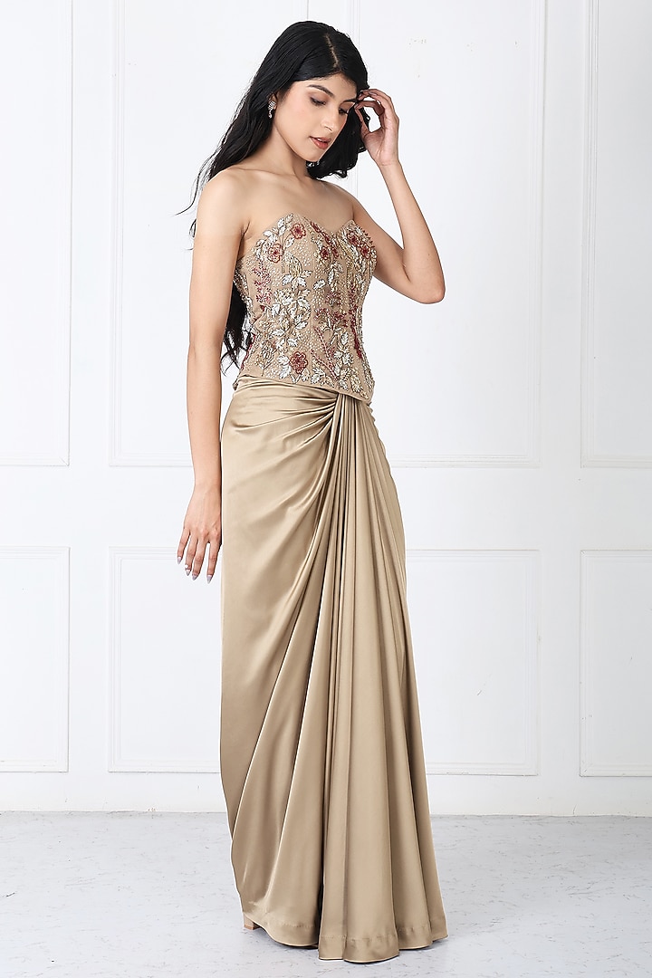 Golden Brown Satin Net Draped Skirt Set by Isha Regalia at Pernia's Pop Up Shop
