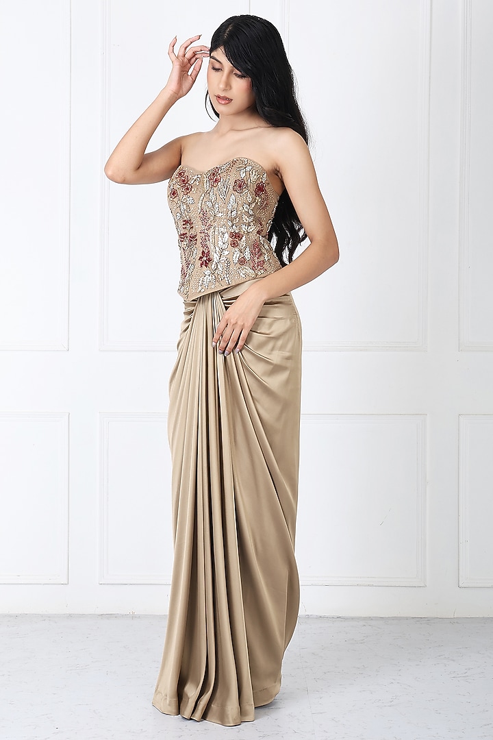Golden Brown Satin Net Draped Skirt Set by Isha Regalia at Pernia's Pop Up Shop