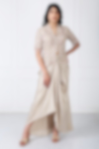 Royal Beige Sandwash & Net Draped Skirt Set by Isha Regalia at Pernia's Pop Up Shop