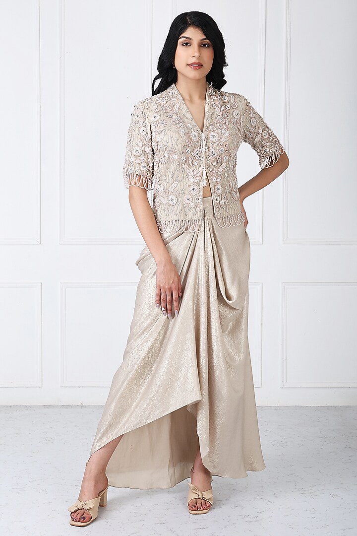 Royal Beige Sandwash & Net Draped Skirt Set by Isha Regalia at Pernia's Pop Up Shop
