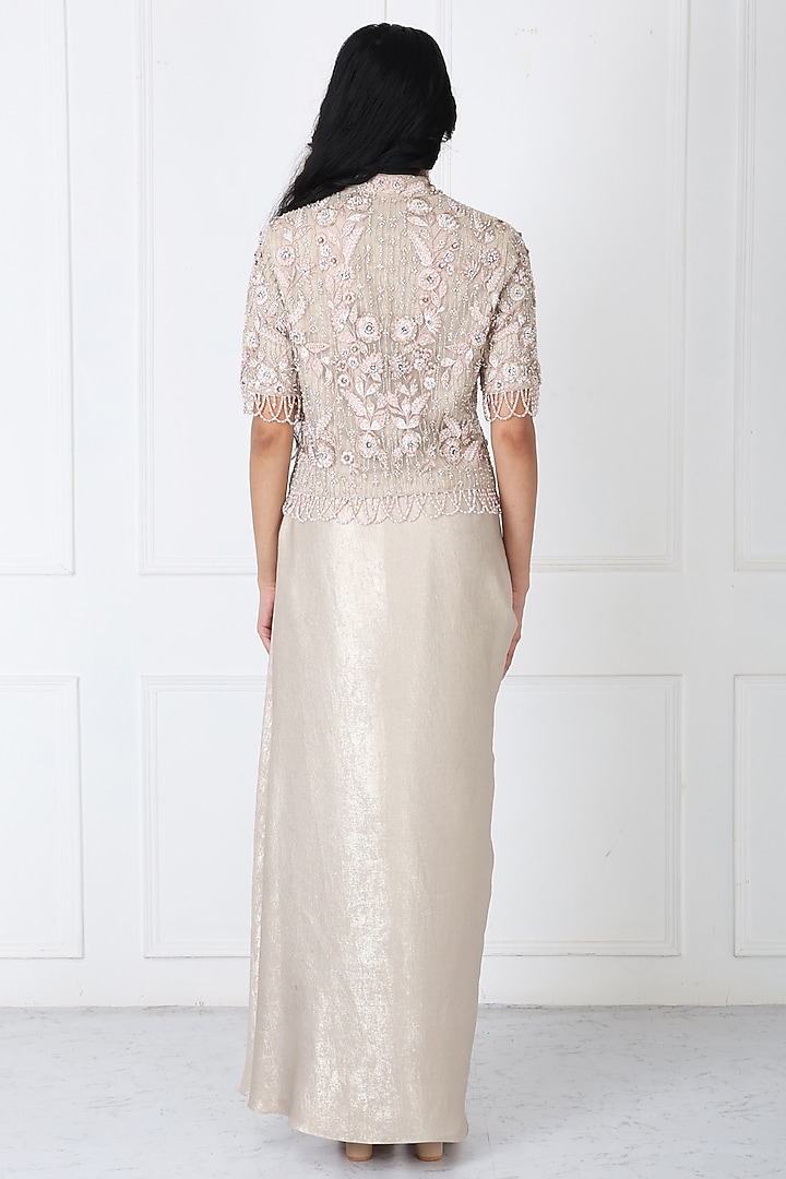 Royal Beige Sandwash & Net Draped Skirt Set by Isha Regalia at Pernia's Pop Up Shop