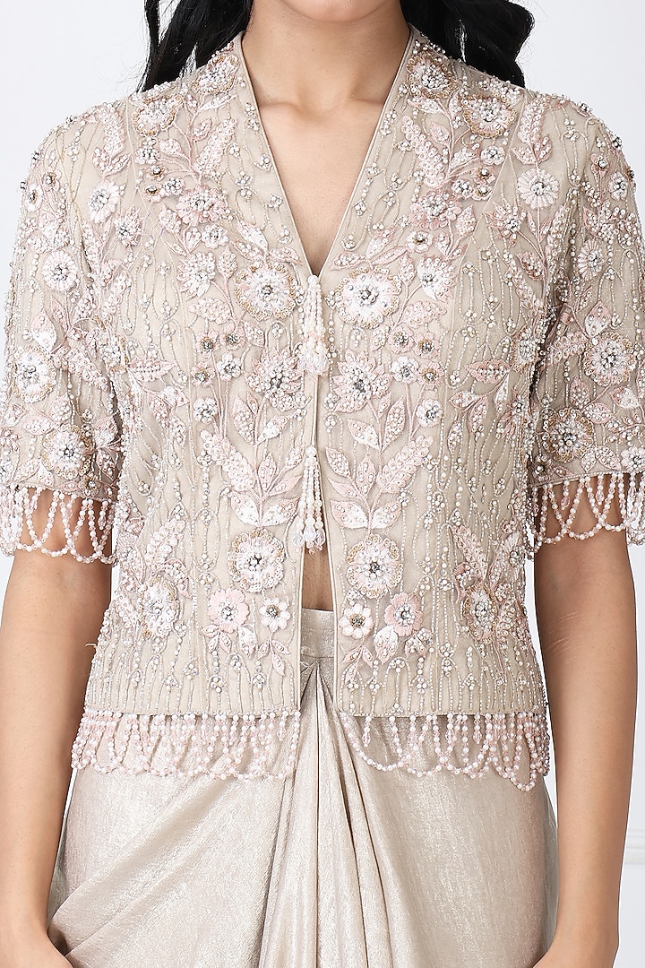 Royal Beige Sandwash & Net Draped Skirt Set by Isha Regalia at Pernia's Pop Up Shop