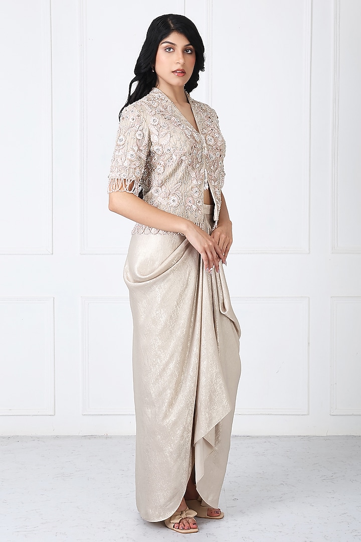 Royal Beige Sandwash & Net Draped Skirt Set by Isha Regalia at Pernia's Pop Up Shop