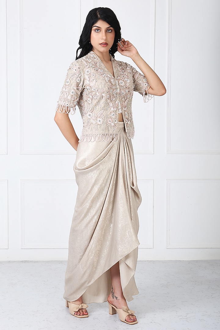 Royal Beige Sandwash & Net Draped Skirt Set by Isha Regalia at Pernia's Pop Up Shop