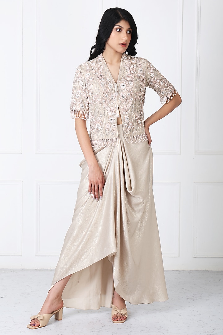 Royal Beige Sandwash & Net Draped Skirt Set by Isha Regalia at Pernia's Pop Up Shop