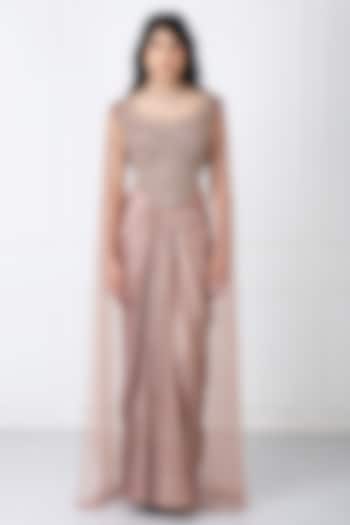 Brown Sandwash & Net Draped Skirt Set by Isha Regalia at Pernia's Pop Up Shop