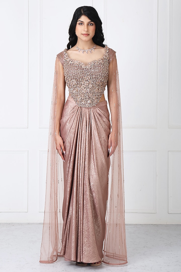 Brown Sandwash & Net Draped Skirt Set by Isha Regalia at Pernia's Pop Up Shop