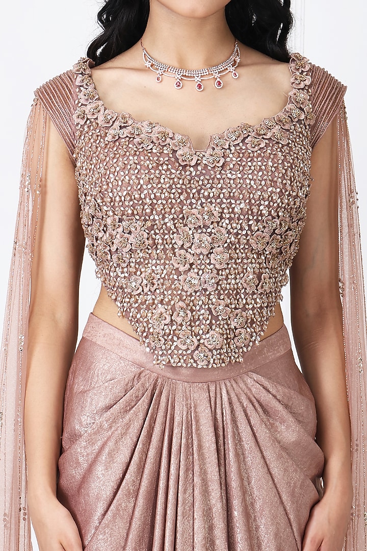 Brown Sandwash & Net Draped Skirt Set by Isha Regalia at Pernia's Pop Up Shop
