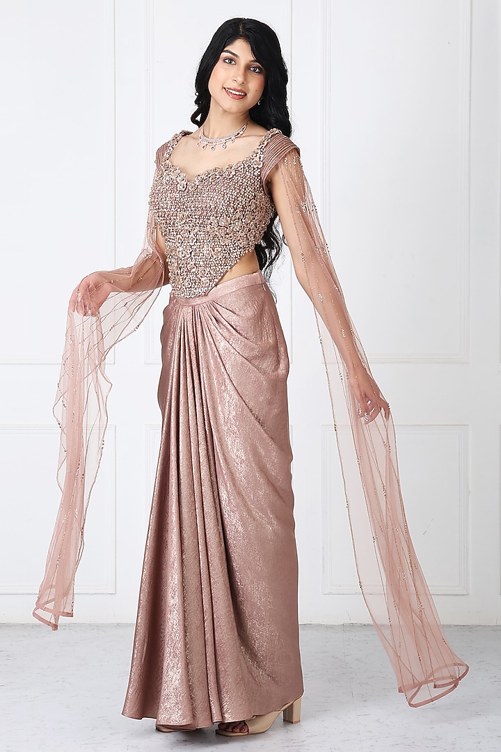 Brown Sandwash & Net Draped Skirt Set by Isha Regalia at Pernia's Pop Up Shop