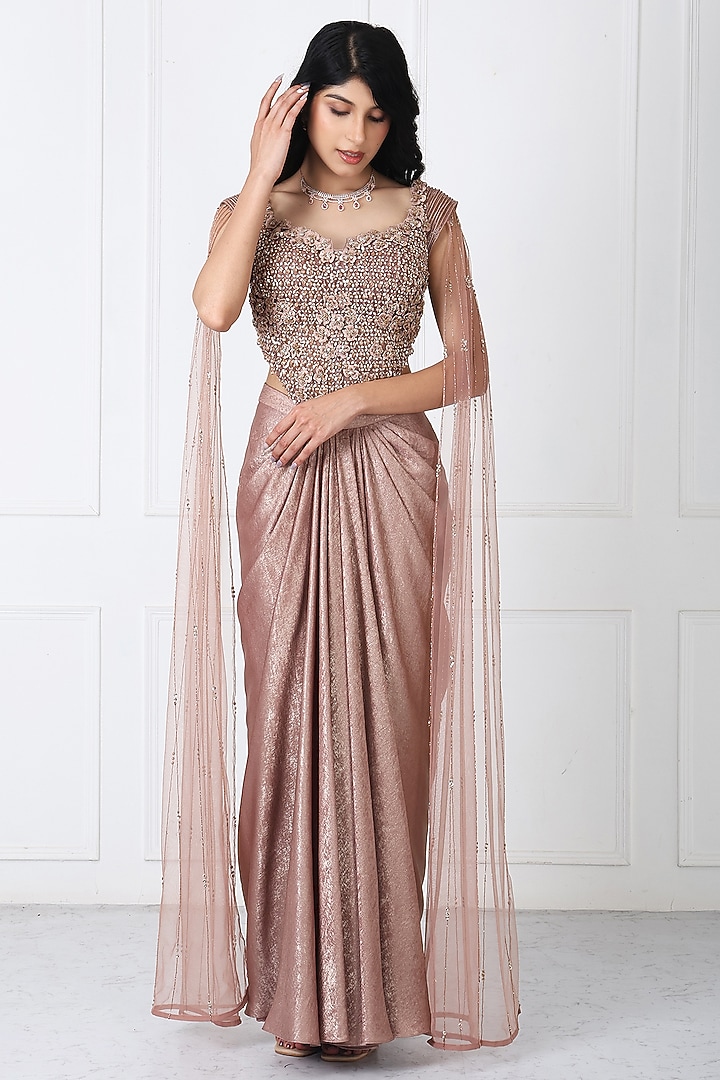 Brown Sandwash & Net Draped Skirt Set by Isha Regalia at Pernia's Pop Up Shop