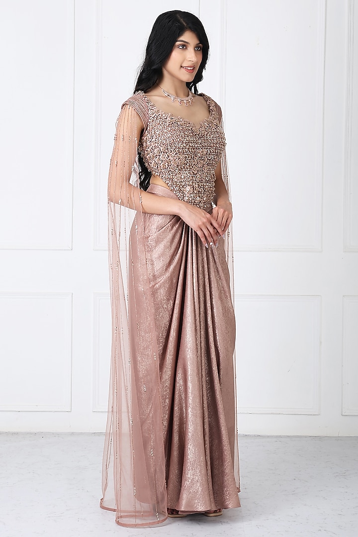 Brown Sandwash & Net Draped Skirt Set by Isha Regalia at Pernia's Pop Up Shop