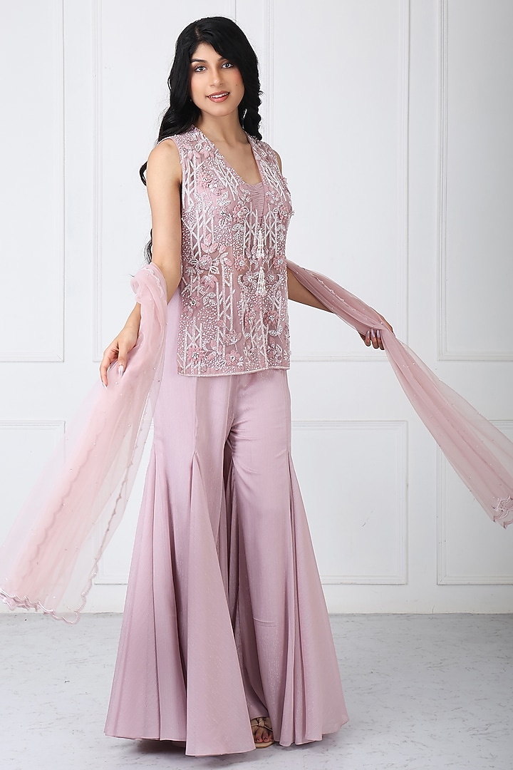 Mauve Georgette & Net Wedding Sharara Set by Isha Regalia at Pernia's Pop Up Shop