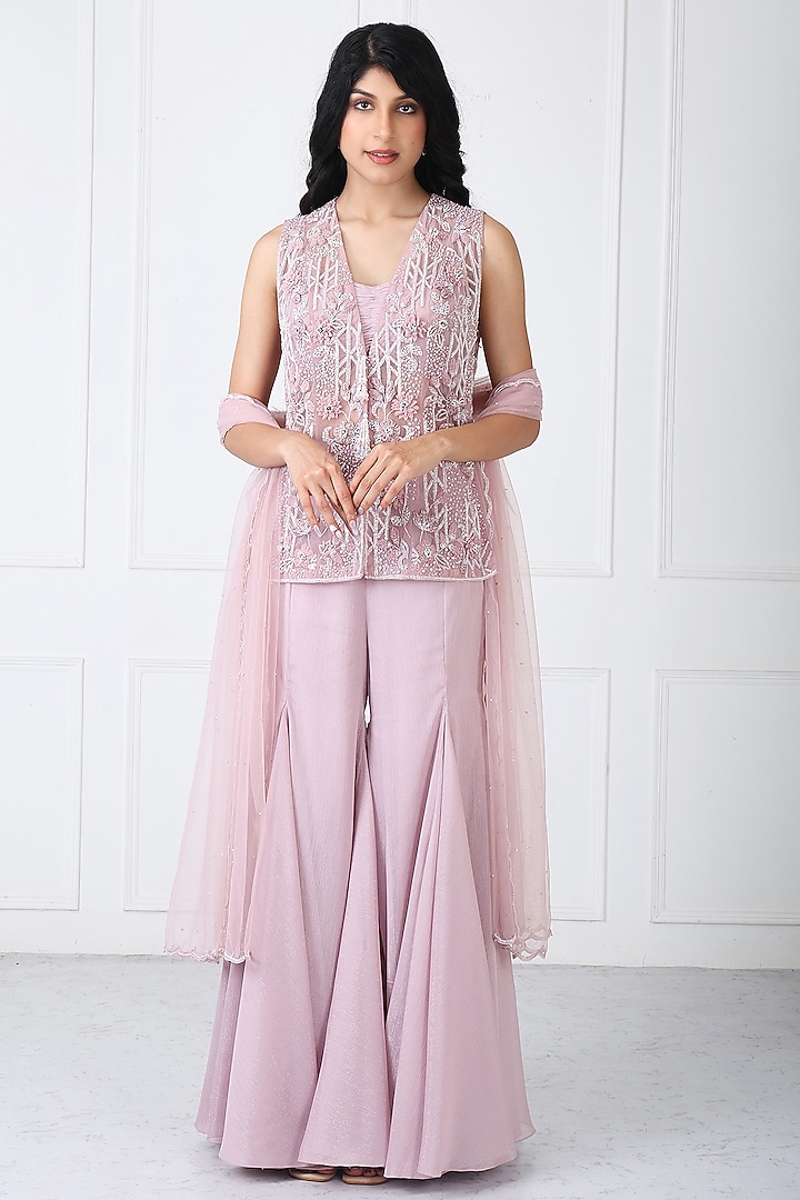 Mauve Georgette & Net Wedding Sharara Set by Isha Regalia at Pernia's Pop Up Shop