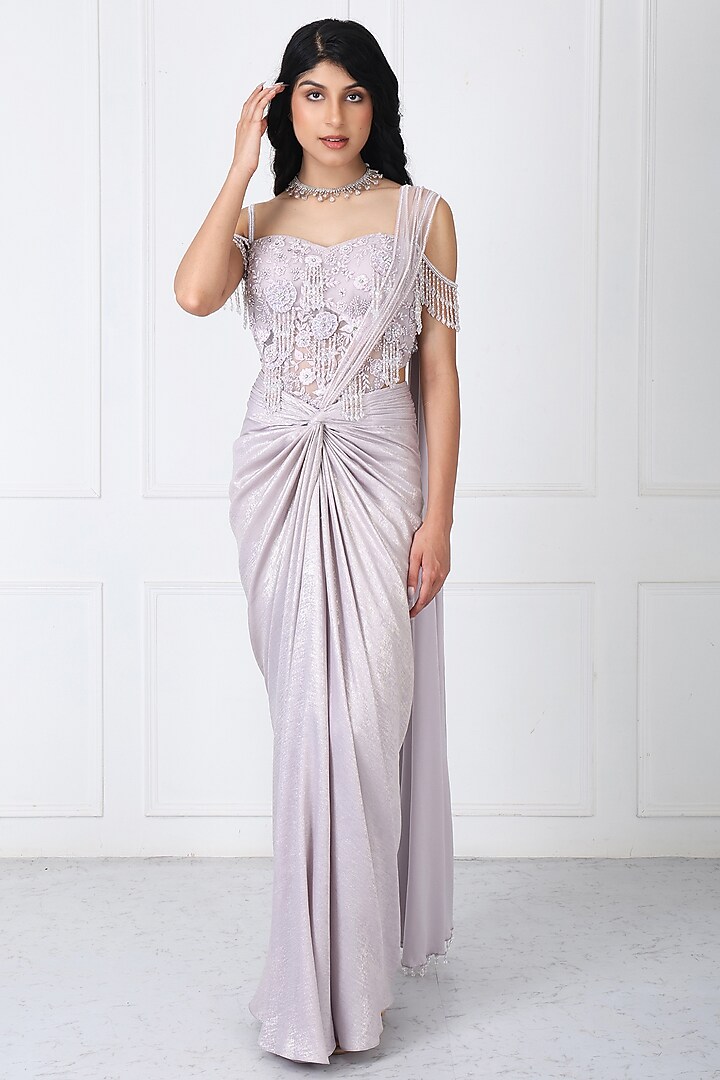 Lilac Sandwash & Net Draped Wedding Saree Set by Isha Regalia at Pernia's Pop Up Shop