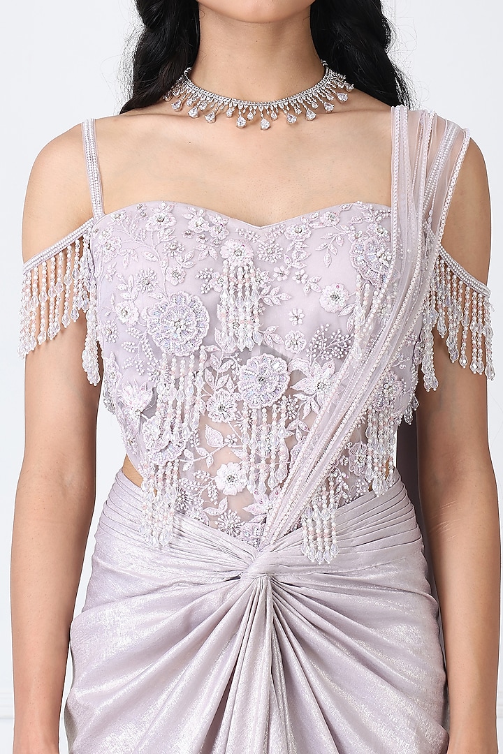 Lilac Sandwash & Net Draped Wedding Saree Set by Isha Regalia at Pernia's Pop Up Shop