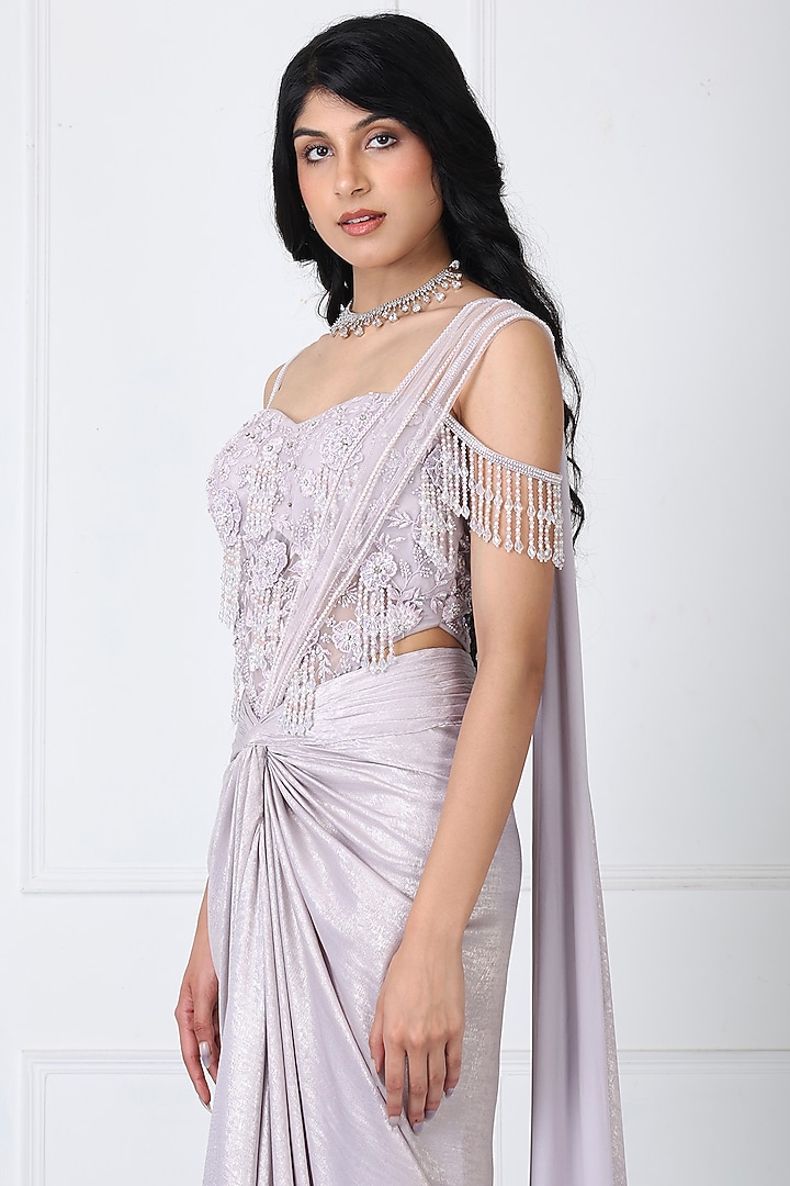 Lilac Sandwash & Net Draped Wedding Saree Set by Isha Regalia at Pernia's Pop Up Shop