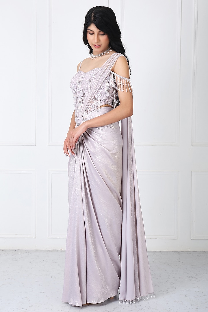 Lilac Sandwash & Net Draped Wedding Saree Set by Isha Regalia at Pernia's Pop Up Shop