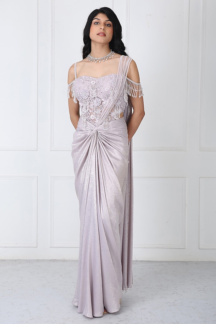 Lilac Sandwash & Net Draped Wedding Saree Set by Isha Regalia at Pernia's Pop Up Shop