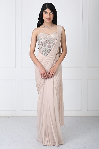 Beige Georgette & Net Draped Saree Set by Isha Regalia