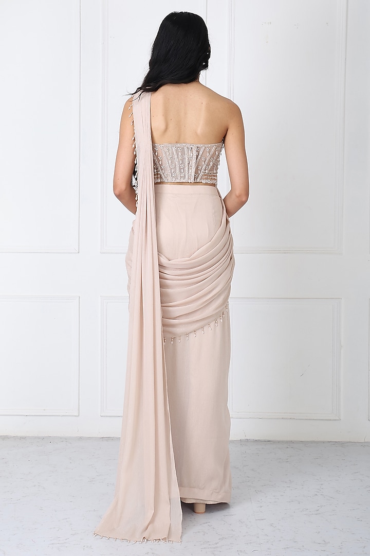 Beige Georgette & Net Draped Wedding Saree Set by Isha Regalia at Pernia's Pop Up Shop