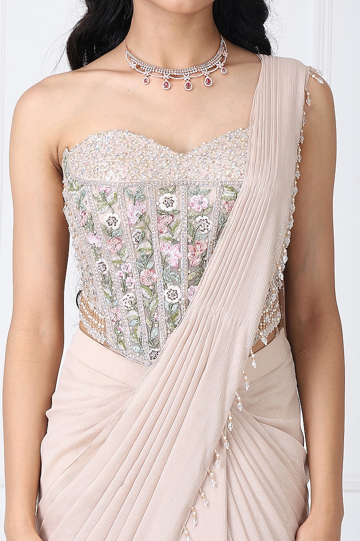 Beige Georgette & Net Draped Wedding Saree Set by Isha Regalia at Pernia's Pop Up Shop