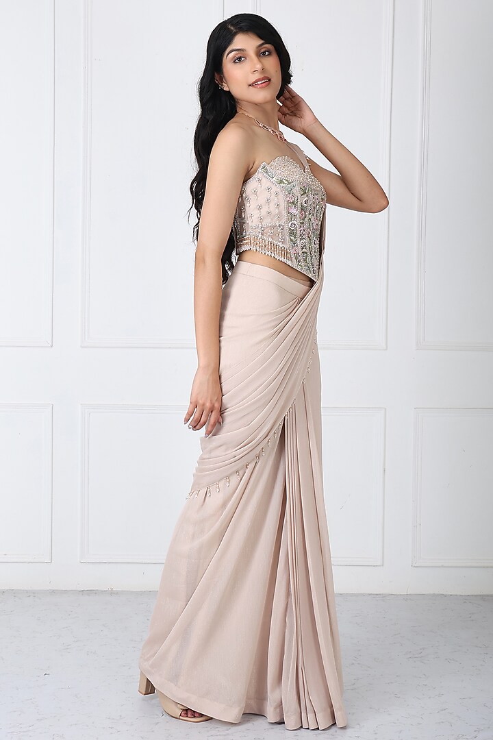 Beige Georgette & Net Draped Wedding Saree Set by Isha Regalia at Pernia's Pop Up Shop