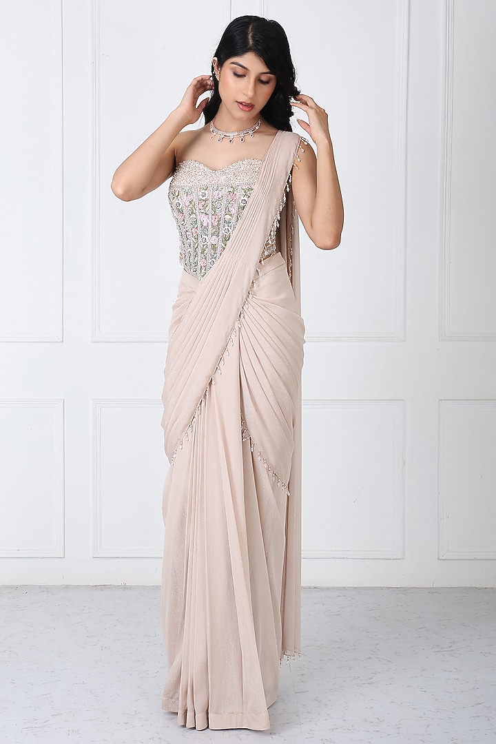 Beige Georgette & Net Draped Wedding Saree Set by Isha Regalia at Pernia's Pop Up Shop