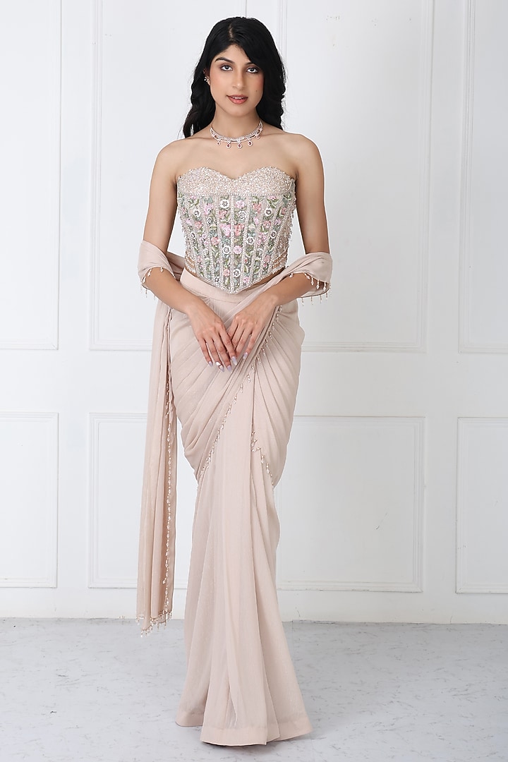 Beige Georgette & Net Draped Wedding Saree Set by Isha Regalia at Pernia's Pop Up Shop
