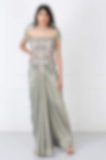 Sage Green Sandwash & Net Draped Skirt Set by Isha Regalia at Pernia's Pop Up Shop