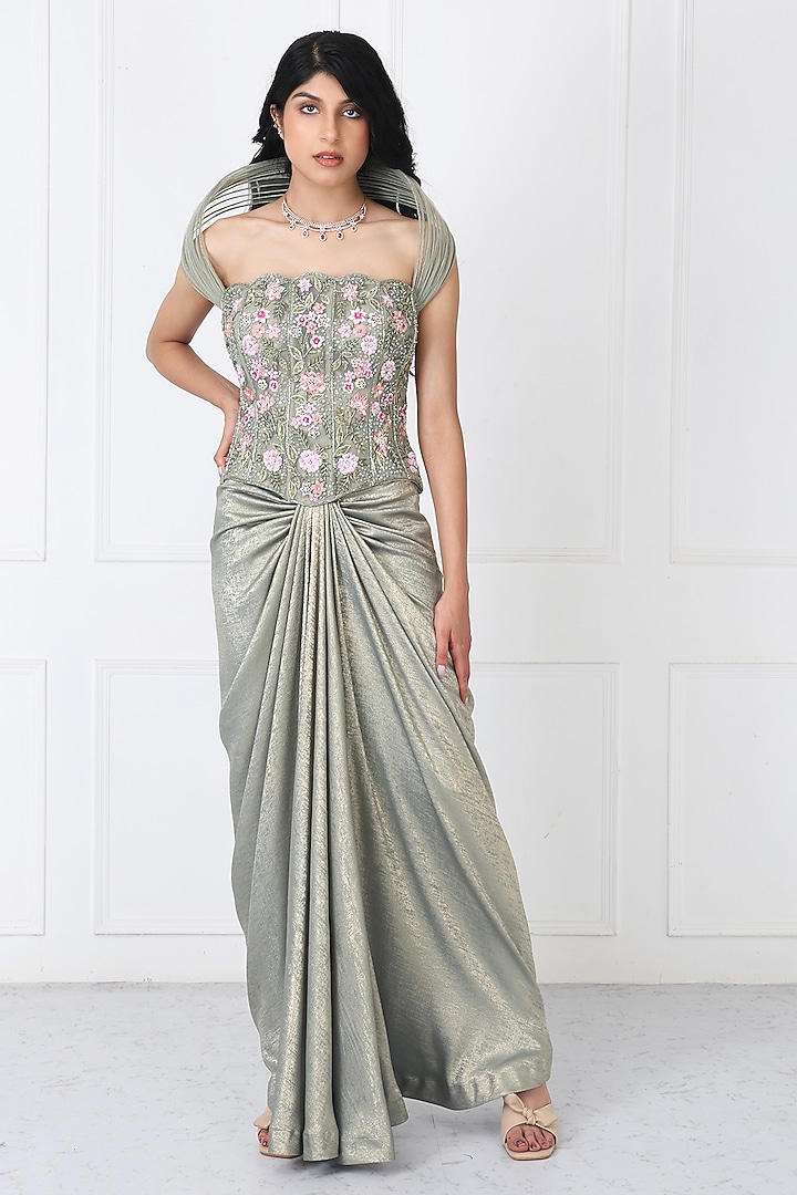 Sage Green Sandwash & Net Draped Skirt Set by Isha Regalia at Pernia's Pop Up Shop