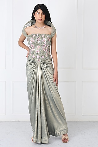 Sage Green Sandwash & Net Draped Skirt Set by Isha Regalia