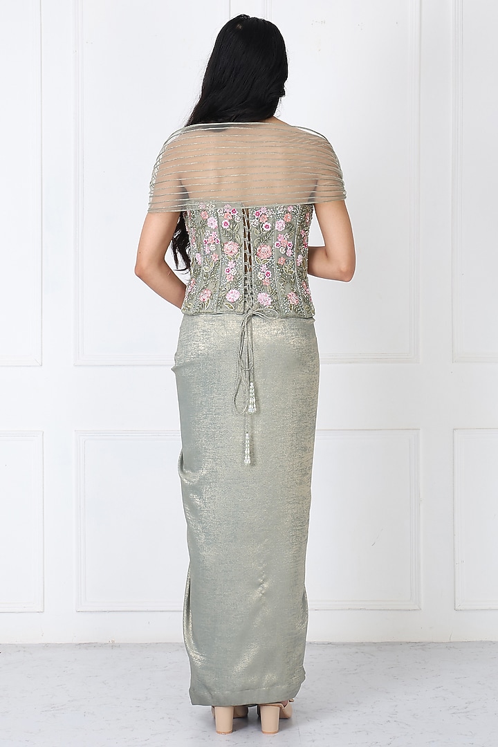 Sage Green Sandwash & Net Draped Skirt Set by Isha Regalia at Pernia's Pop Up Shop